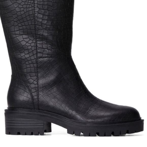 Paige Bella Black Tall/Knee High Boots Sz 9.5 Croc Embossed Leather Lug Sole New - Picture 10 of 14